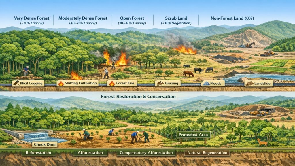 Infographic-style landscape illustration showing stages of forest degradation and restoration in India. From left to right, the top panel depicts Very Dense Forest with a continuous green canopy, Moderately Dense Forest with partial canopy cover, Open Forest with scattered trees and visible ground, Scrub Land with sparse bushes and grazing cattle, and Non-Forest Land with barren soil, mining pits, roads, and agricultural fields. Icons and labels indicate causes of degradation such as illicit logging, shifting cultivation, forest fires, grazing, floods, and landslides. The lower panel shows restoration measures including reforestation, afforestation, compensatory afforestation within marked boundaries, check dams, fencing, and natural regeneration, presented in a clean, government-report-style color palette.